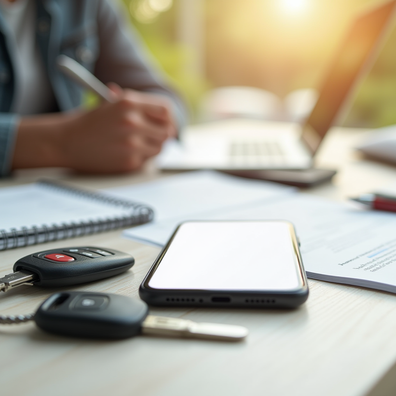 Phone, car keys, and documents on a table